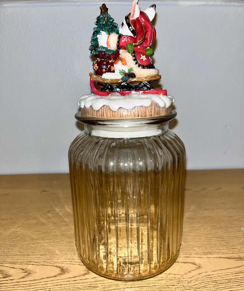 Fitz and Floyd Christmas Lodge Rabbit Candy Jar – Festive Tree & Sled Design - Picture 3 of 5